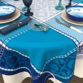 Square Jacquard tablecloth "Marius" blue , by Tissus Toselli