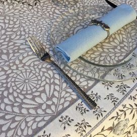 Square Jacquard tablecloth "Aubrac" taupe and pale blue, Tissus Toselli