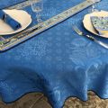 Jacquard round tablecloth, cotton and polyester "Delft" blue