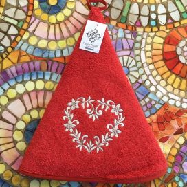 Embrodery round hand towel "Heart" red
