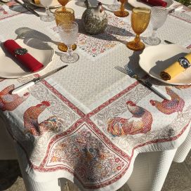 Square Jacquard tablecloth Hens and Roosters "Lafayette" Marat d'Avignon