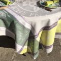 Rectangular Jacquard polyester tablecloth "Picholine" naturel and green color from "Sud Etoffe"