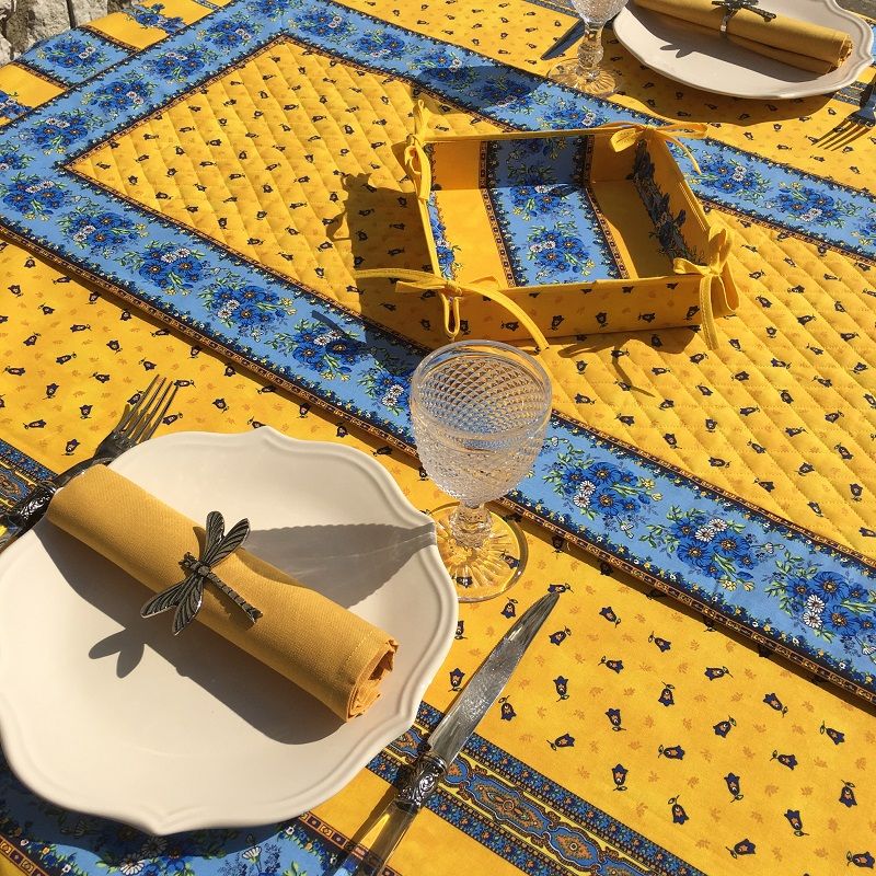 Chemin de table en coton matelassé "Tradition" jaune et bleu, Marat d'Avignon