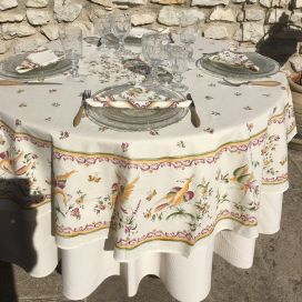 Coated cotton round tablecloth "Moustier" pink birds, by TISSUS TOSELLI