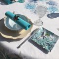 Nappe ronde en coton enduit "Corail" bleu et turquoise Tissus Toselli