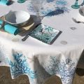 Round coatted cotton tablecloth "Corail" bleu and turquoise from Tissus Toselli