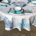 Round coatted cotton tablecloth "Corail" bleu and turquoise from Tissus Toselli