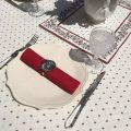 Nappe provençale ronde en coton "Calisson" écru et rouge, Tissus Toselli