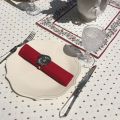 Nappe provençale ronde en coton  enduit "Calissons" écrue et rouge "Marat d'Avignon"