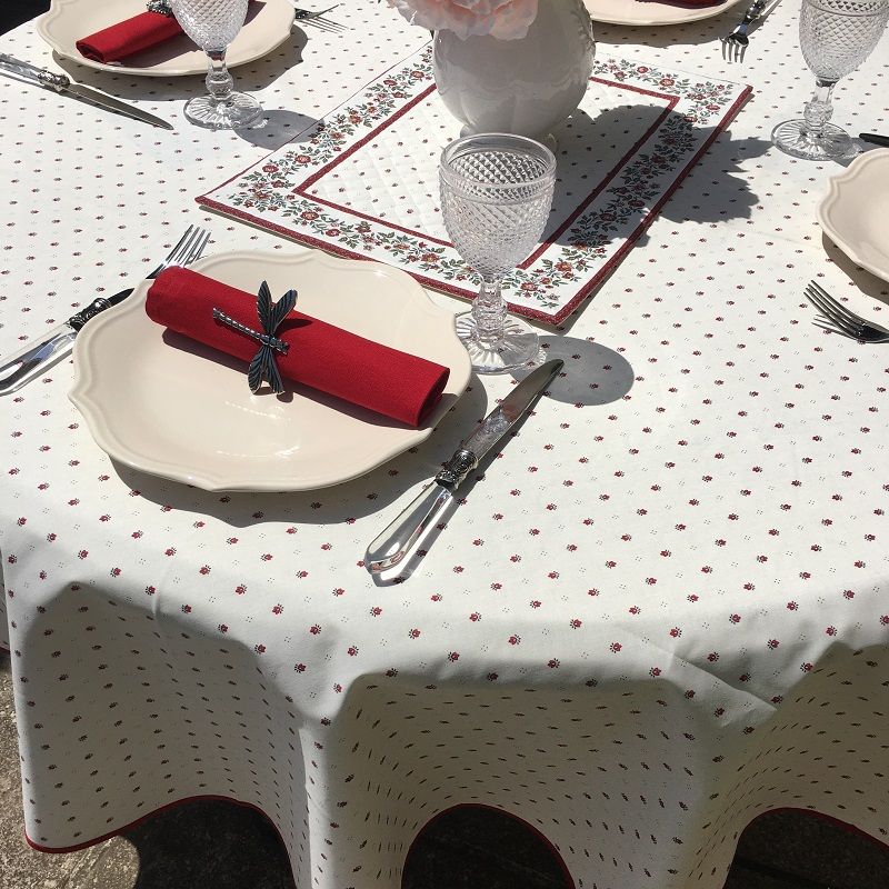 Coated cotton round tablecloth "Calisson" ecru and red by Tissus Toselli