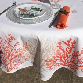 Nappe rectangulaire placée en coton enduit "Lagon" orange et corail Tissus Toselli