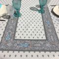 Quilted cotton table runner "Bastide" grey and turquoise by Marat d'Avignon