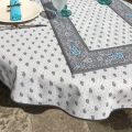 Quilted cotton table runner "Bastide" grey and turquoise by Marat d'Avignon