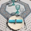 Octogonal quilted cotton table cover "Bastide" grey and turquoise