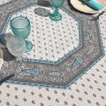 Octogonal quilted cotton table cover "Bastide" grey and turquoise