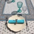 Quilted cotton table cover "Bastide" grey and turquoise