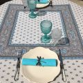 Quilted cotton table cover "Bastide" grey and turquoise