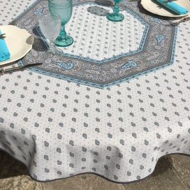 Round tablecloth in cotton "Bastide" grey and turquoise "Marat d'Avignon"