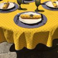 Nappe provençale ronde en coton enduit "Calissons" jaune et bleu "Marat d'Avignon"