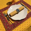 Rectangular provence cotton tablecloth "Calissons" yellow and red by Tissus Toselli in Nice