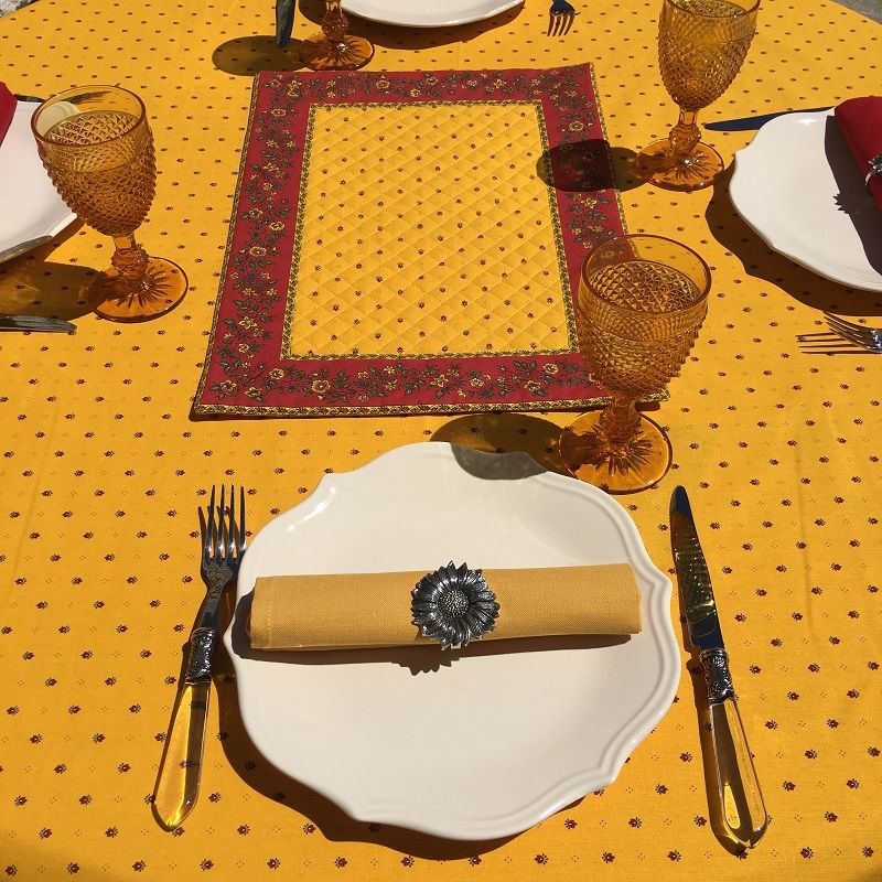 Rectangular provence cotton tablecloth "Calissons" yellow and red by Tissus Toselli in Nice