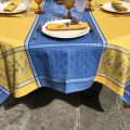 Rectangular Jacquard tablecloth "Grignan" blue and yellow color, by TISSUS TOSELLI, Nice