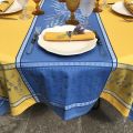 Square Jacquard tablecloth "Grignan" blue and yellow color, by TISSUS TOSELLI, Nice