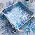 Coated cotton bread basket with laces "Lagon" blue by Tissus Toselli