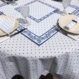 Nappe provençale rectangulaire en coton "Calissons" blanc et bleu Tissus Toselli