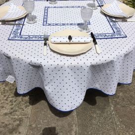 Round tablecloth in cotton "Calisson" white and blue by TISSUS TOSELLI