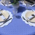 Rectangular coated cotton tablecloth "Calissons" blue lavender and ecru