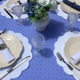 Rectangular coated cotton tablecloth "Calissons" blue lavender and ecru