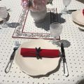 Rectangular coated cotton tablecloth "Calissons" ecru and red