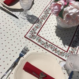 Rectangular coated cotton tablecloth "Calissons" ecru and red
