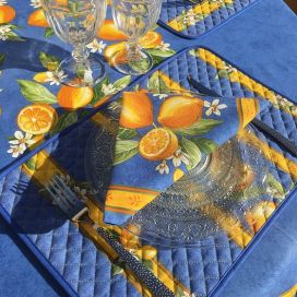 Set de table en coton matelassé enduit "Citrons" jaune et bleu