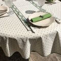 Nappe provençale ronde en coton "Calisson" écru et vert, Tissus Toselli