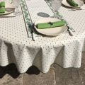 Nappe provençale ronde en coton  enduit "Calissons" écrue et vert "Marat d'Avignon"