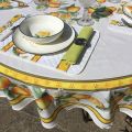 Round coated cotton tablecloth "Lemons" ecru and yellow from Tissus Toselli