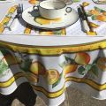 Round coated cotton tablecloth "Lemons" ecru and yellow from Tissus Toselli