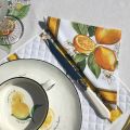 Nappe provençale ronde en coton enduit "Citrons" écru et jaune, Tissus Toselli
