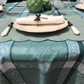 Round Jacquard tablecloth, stain resistant Teflon "Maussanne" sage green