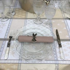 Round Teflon Jacquard tablecloth "Valbonne"  ecru and beige