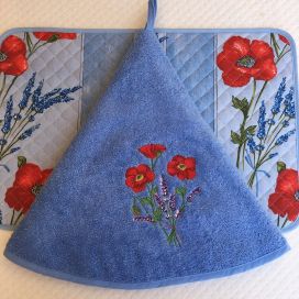 Embrodery round hand towel "Poppies and lavenders" blue