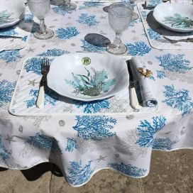 Round coatted cotton tablecloth "Lagon" blue and turquoise by Tissus Toselli