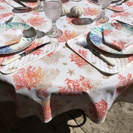 Round coated cotton tablecloth "Lagon" orange and corail by Tissus Toselli