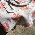 Round coated cotton tablecloth "Lagon" orange and corail by Tissus Toselli