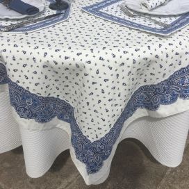 Nappe provençale rectangulaire bordée en coton "Tradition" bleue et blanche "Marat d'Avignon"