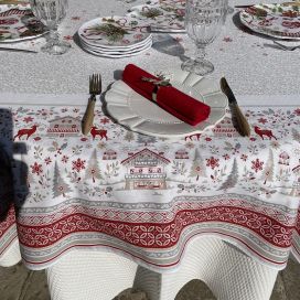 Round christmas tablecloth in cotton "Cervin" grey and red