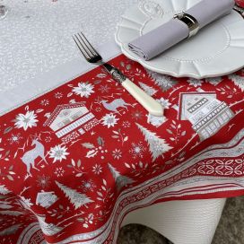 Rectangular christmas tablecloth in cotton "Cervin" red and grey