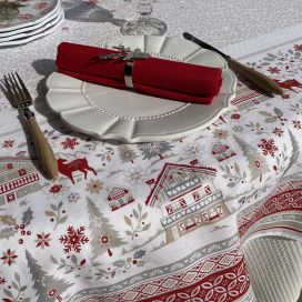 Christmas coated cotton tablecloth "Cervin" grey and red